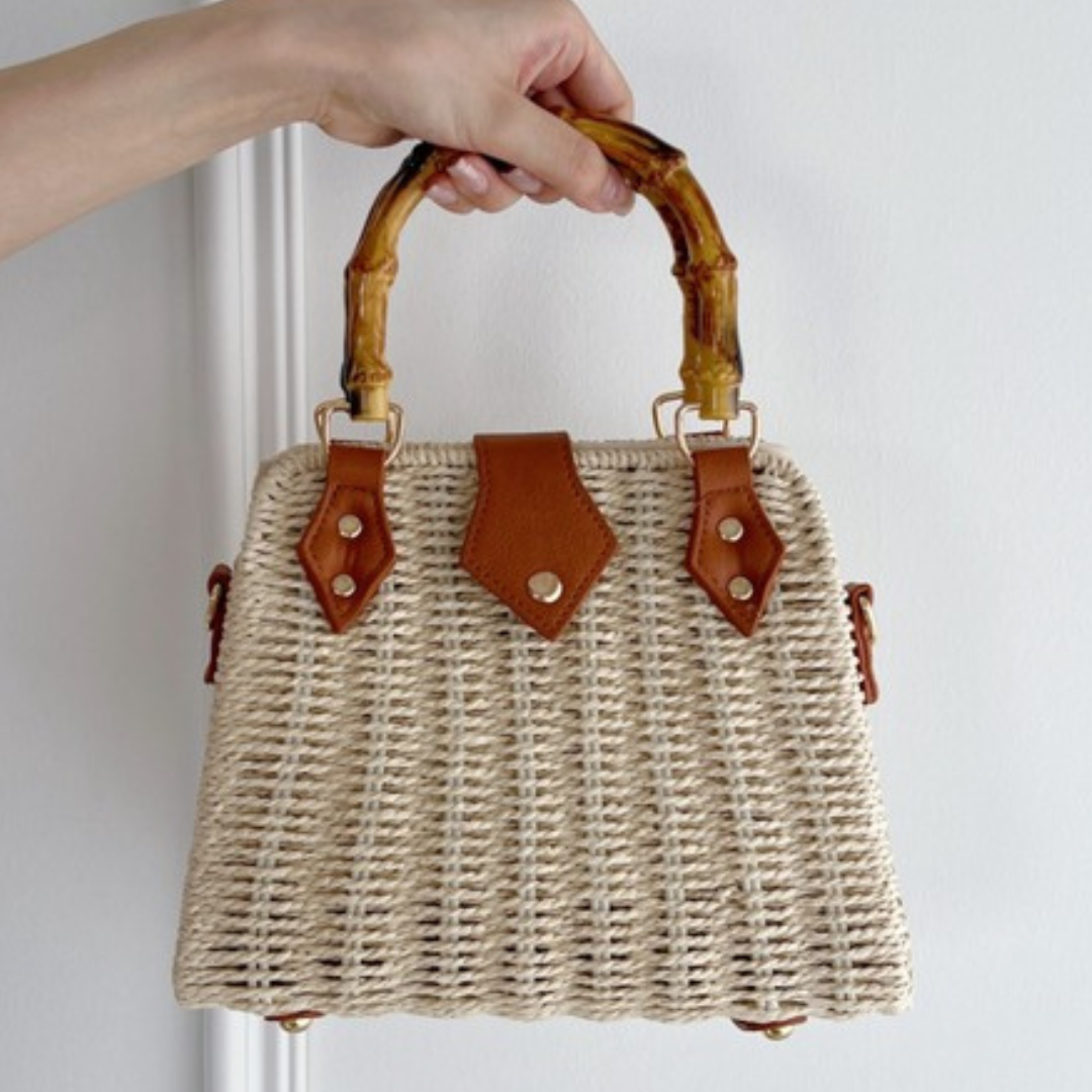 Bolsa de Palha com alça de Bambu Tassel