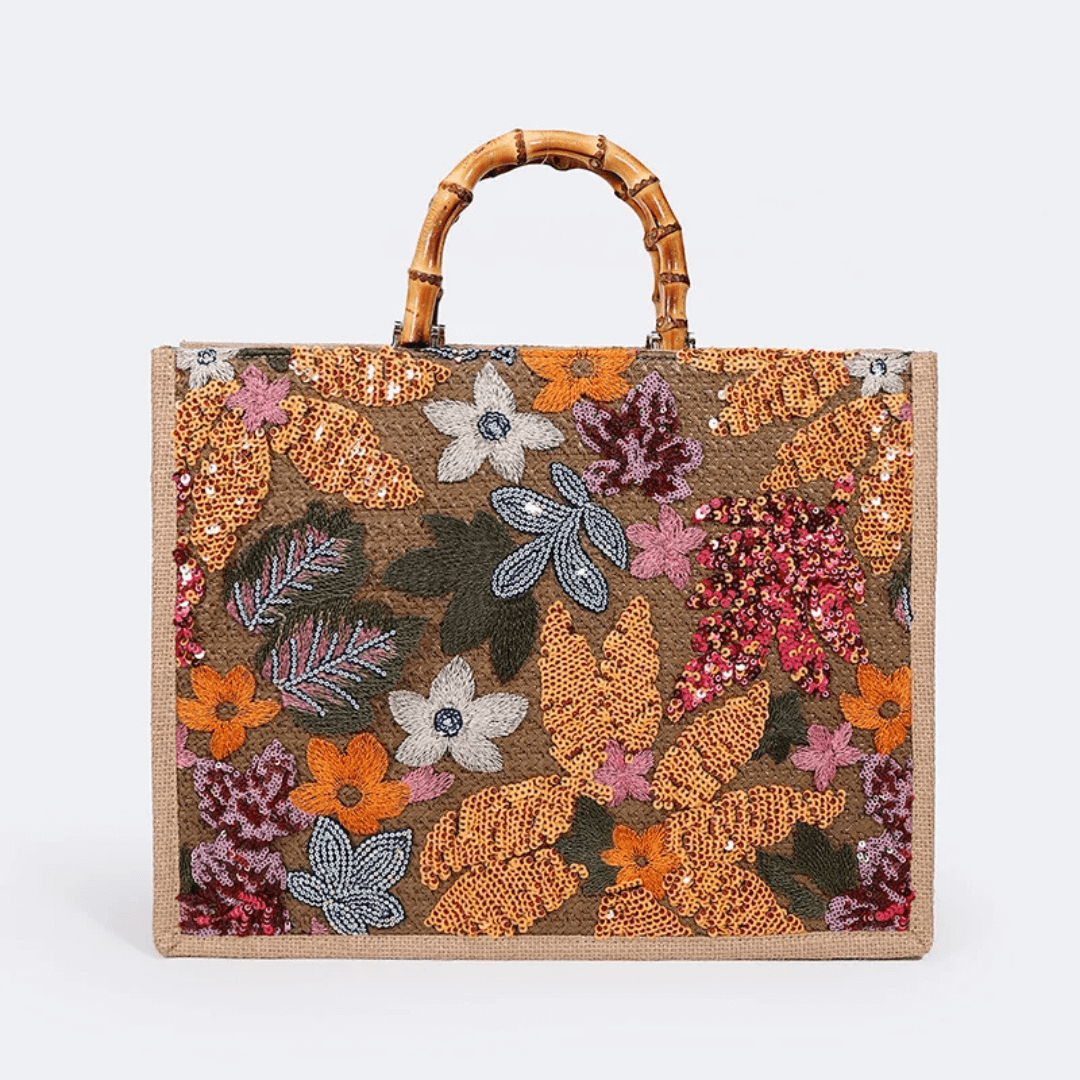 Bolsa de Praia com Alça de Bambu Bordada Flora