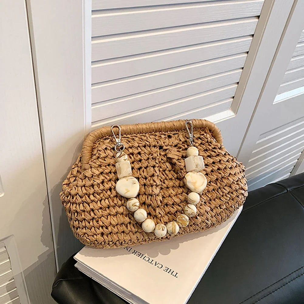 Bolsa de Palha Rattan com Alças em Pedraria Jade