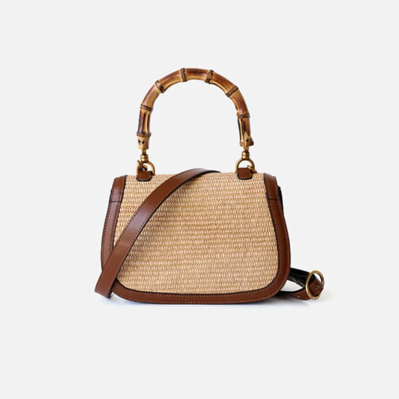 Bolsa de Palha Rattan e Couro Genuíno Amélia