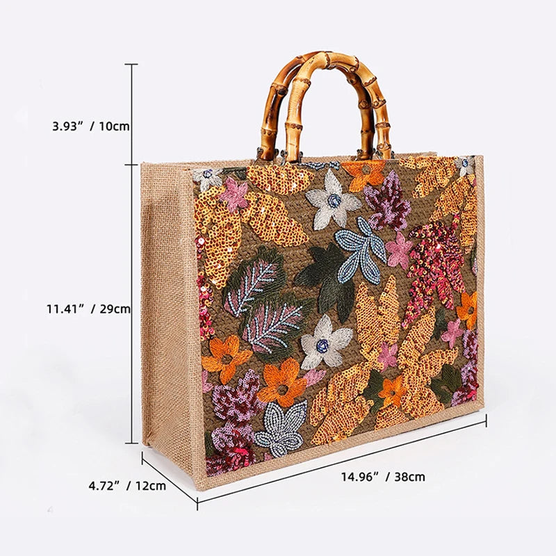 Bolsa de Praia com Alça de Bambu Bordada Flora